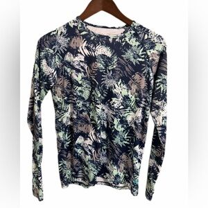 Reel Legends Blue Tropical Print Long Sleeve Athletic Rash Guard Top Size S